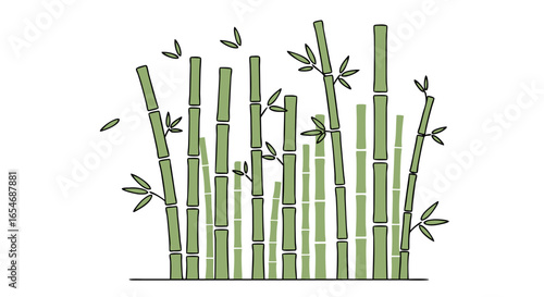 Illustration of lush green bamboo stalks and leaves in a minimalistic art style emphasizing natural growth and serenity within a clean design