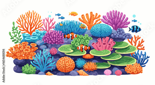 Colorful Coral Reef Ecosystem Featuring Diverse Marine Flora and Fauna in Vibrant Underwater Scene with Various Fish and Abstract Coral Structures