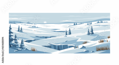 Serene Winter Landscape with Snow-Covered Hills and Coniferous Forest Under a Pale Sky