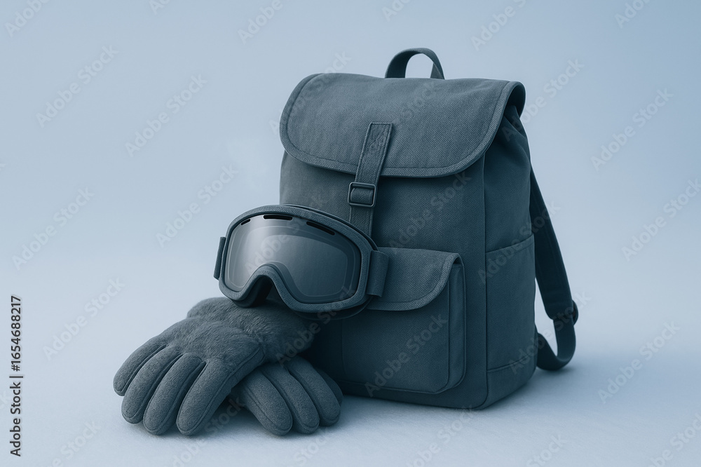 Naklejka premium Prepared for the Slope: A stylish backpack, protective goggles, and sturdy gloves lay ready. Embracing the anticipation of adventure and the thrill of gliding down snowy slopes.