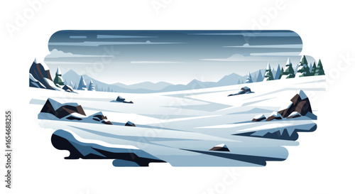 Serene Arctic Landscape Illustration Depicting Snow-Covered Terrain and Distant Mountain Ranges with Evergreen Trees Under a Cloudy Sky