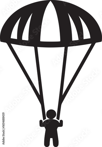 Modern silhouette style vector minimal parachute logo design, simple adventure sport icon illustration, sleek black skydiving emblem for branding, extreme sports, outdoor activities, travel, and profe