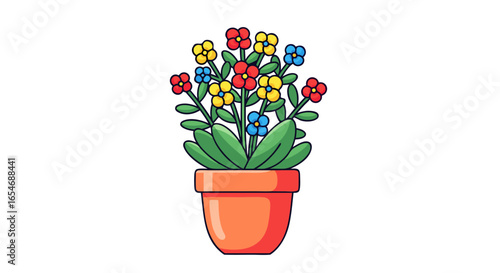 Vibrant Cartoon Flower Pot with Multicolored Blossoms in Simple Illustration Style