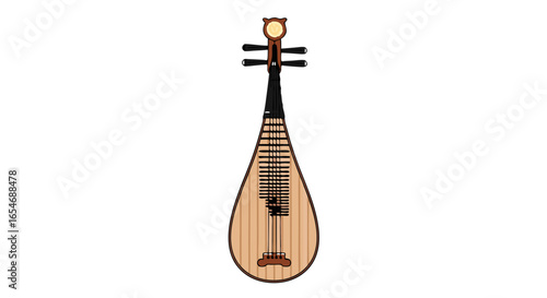 Minimalist Illustration of a Traditional Middle Eastern Musical Instrument, Featuring Detailed Strings and Unique Headstock Design in Flat Style