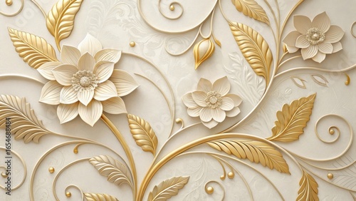Detailed gold embossed floral motif on a light textured surface