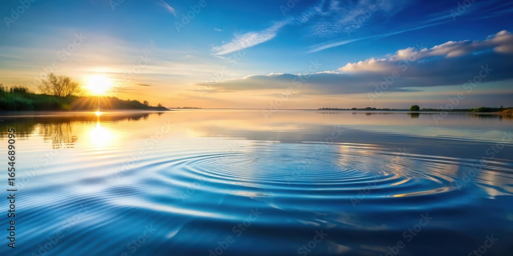Fototapeta premium Serene Sunrise Over Calm Water with Gentle Ripples Reflecting the Golden Hour Sky