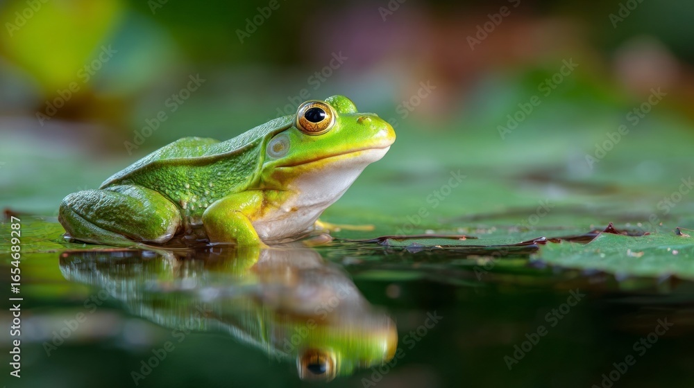 Naklejka premium Green frog on water lily pad