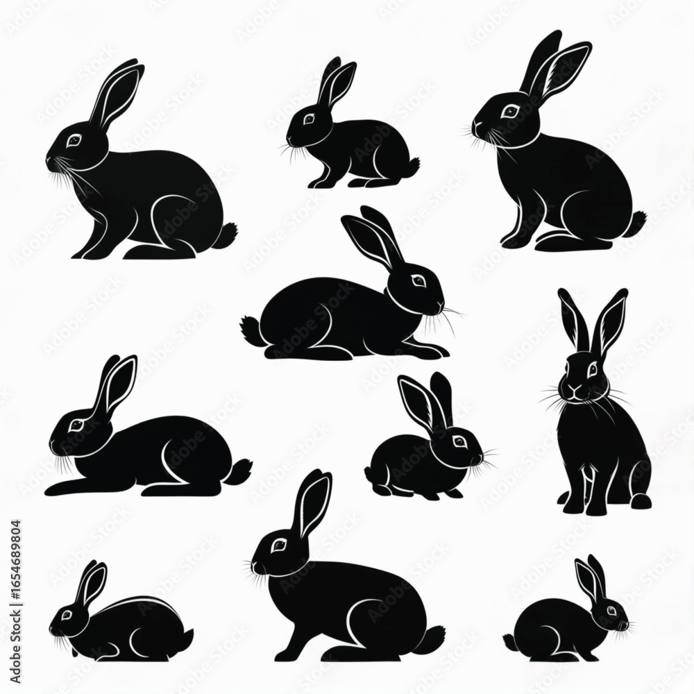 Fototapeta premium Black rabbits in various poses silhouettes white background