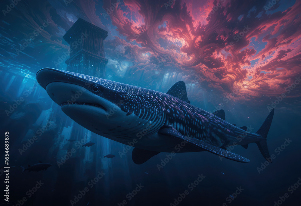 Fototapeta premium Underwater scene with whale shark swimming past ancient structure and vibrant sunset sky