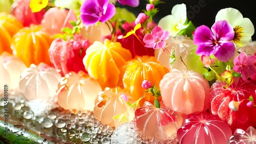 Vivid Japanese jelly cakes with floral accents