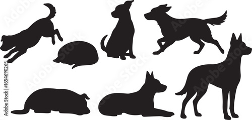 Dog silhouettes various poses animal canine