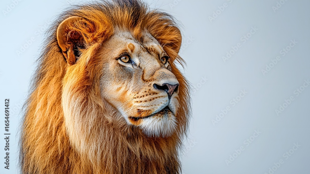Fototapeta premium Majestic golden maned lion on a pure white background