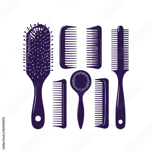 Collection of Purple Hair Styling Combs and Brushes.