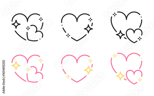 Heart shape cute sparkle collection. Y2K kawaii love romantic valentine design elements with shine and pattern for posters, banners, apps, etc. Decoration black, pink and yellow vector icons, symbol.