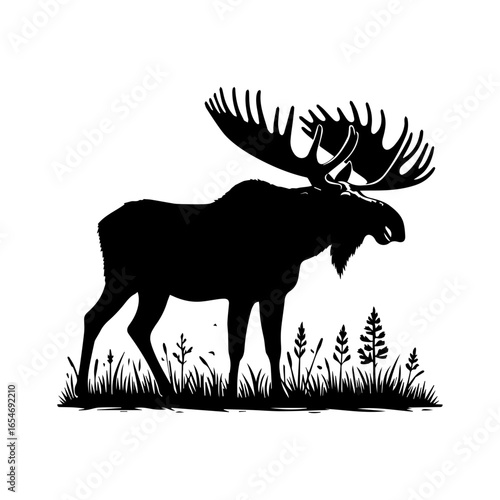 Majestic Moose Silhouette in Grassy Field.