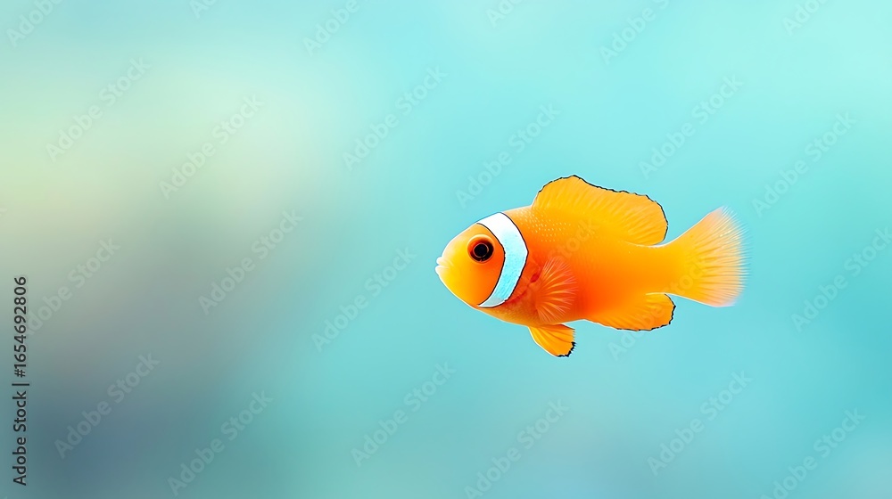 Naklejka premium Bright orange clownfish swimming in clear blue water