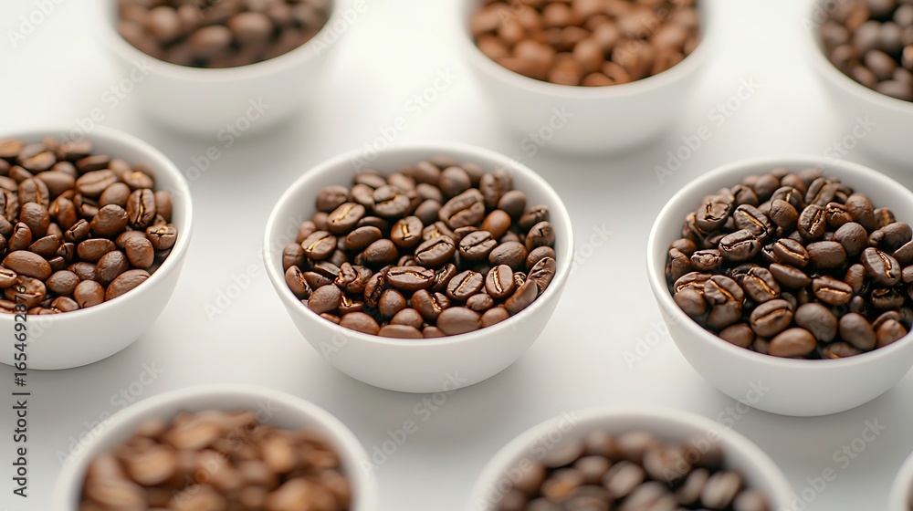 Fototapeta premium Variety of roasted coffee beans in white cups