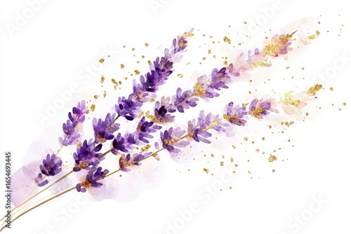 Elegant watercolor painting of two lavender sprigs with purple flowers and golden accents on a white background.