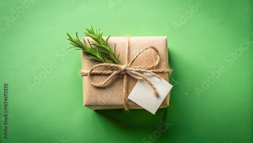 A thoughtfully wrapped gift box adorned with a sprig of fresh herbs, tied with twine, and featuring a blank tag, rests on a vibrant green surface, awaiting a personalized message.