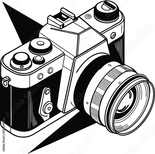 Classic dslr camera with extended lens viewed from the side silhouette