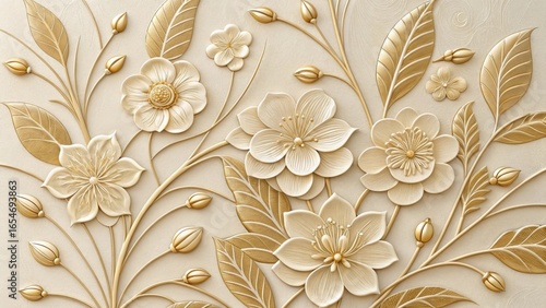 Elegant embossed floral pattern with golden leaves and white flowers