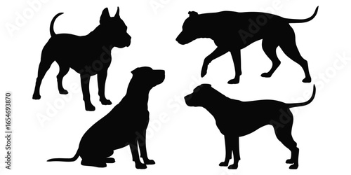 Silhouettes of four dogs in varied poses—standing, walking, sitting—illustrating breed diversity, posture, and canine behavior