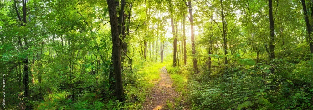 Obraz premium Sunlit Path Through a Lush Green Forest.