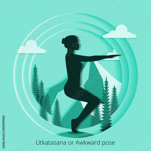 Utkatasana yoga pose. Awkward yoga pose.  Paper cut design. Isolated vector illustration.