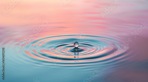 Serene water droplet creating ripples on calm surface, reflecting pastel pink and blue hues, symbolizing tranquility, balance, harmony, peaceful beauty, gentle movement, and the mesmerizing poetry of 