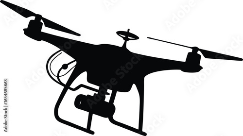 Modern drone with four rotors flying above landscape silhouette