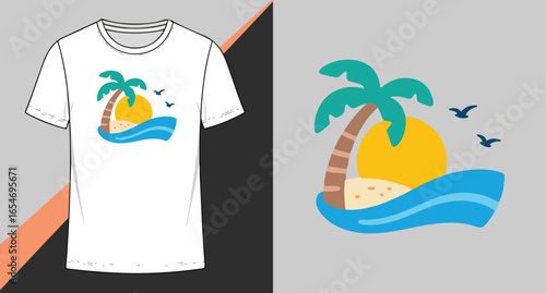 T,shirt mockup featuring a tropical sunset scene with palm trees and ocean waves