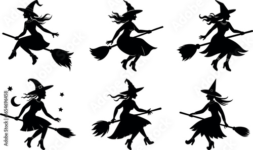 Halloween Witch Silhouettes Flying on Brooms Vector Illustration for Holiday Designs