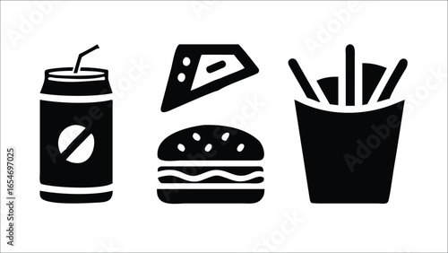 A vector illustration set of fast food icons including burgers, fries, and coffee cups