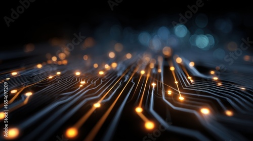 Circuit board data flows, blurred lights background, tech, innovation, futuristic use