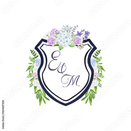 Elegant floral crest with intertwined initials e m, isolated on white background, perfect for wedding invitations, stationery, and romantic celebrations