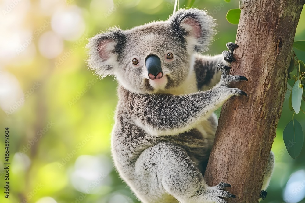 Fototapeta premium A curious koala climbs a tree in a sunlit forest.