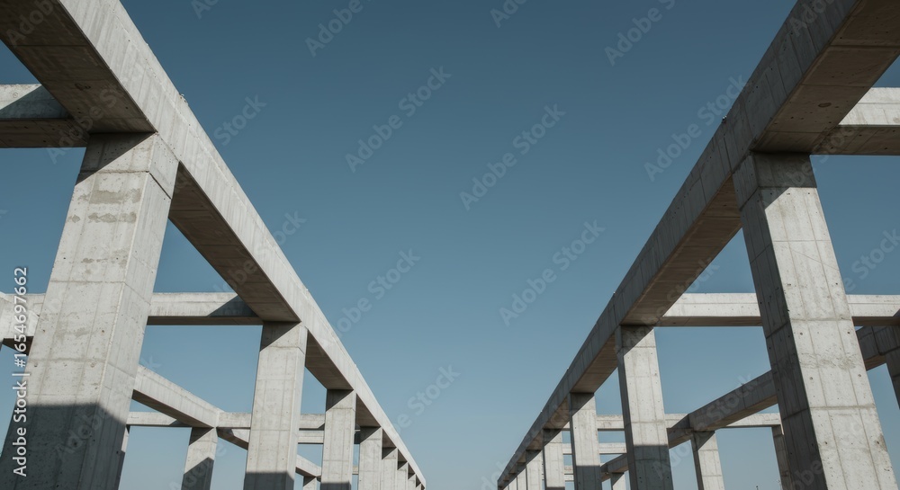 Fototapeta premium Concrete Structure Framework Against Blue Sky, Architectural Construction, Minimalist Design