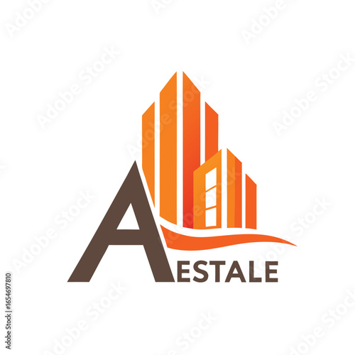 Minimalist vector real estate logo design featuring letter a shaped buildings and 'aestale' text white background
