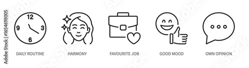 Healthy lifestyle line icon set. Daily routine, harmony, favourite job, good mood, own opinion symbol. Vector illustration. Editable stroke. Flat design. Isolated on a white background.