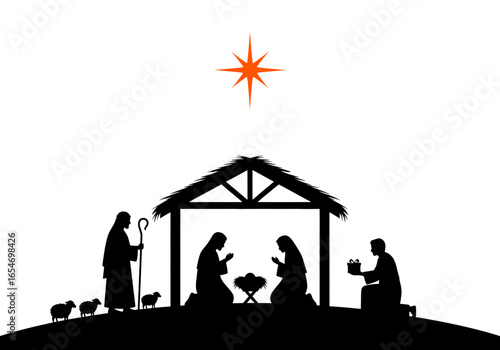Simple Silhouette of the Nativity Scene with Shepherds and Gift