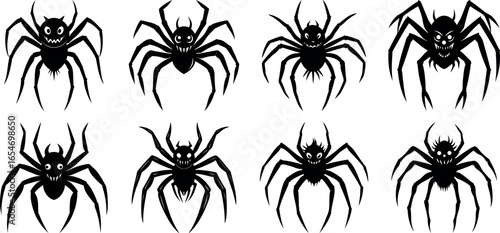Eight Black Spider Silhouettes on White Background for Halloween or Horror Themes