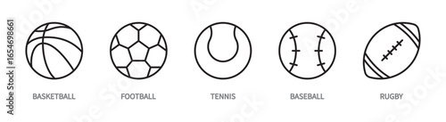 Types of sports / games line icon set. Basketball, football, tennis, baseball, rugby symbol. Fitness and sport. Vector illustration. Flat design. Editable stroke. Isolated on a white background.