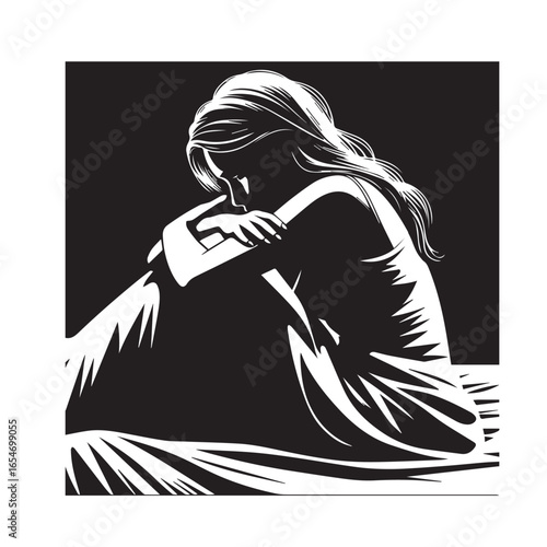 Sad Woman Awake in Bed Silhouette – Vector Illustration

Young Female Insomnia – Black and White Silhouette Set

Sleepless Night Concept – Woman in Bed Vector Silhouette