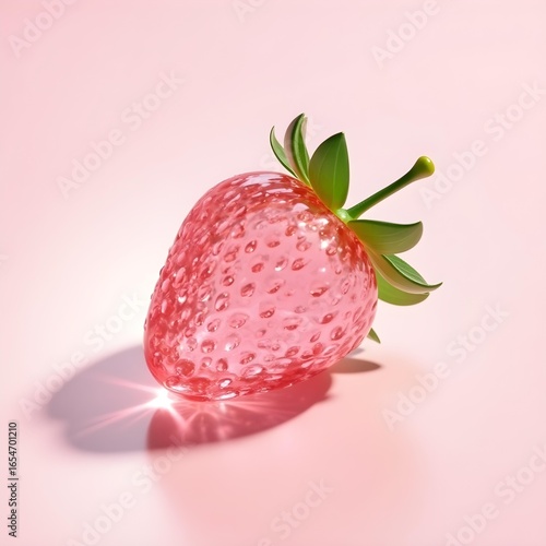 Realistic glass single strawberry in clear pink crystal with intricate seed details and realistic green leaves. 