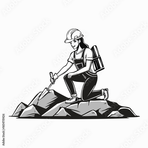 Laborer Wearing Hard Hat Working on Rock Surface in Industrial Construction Site Vector Illustration