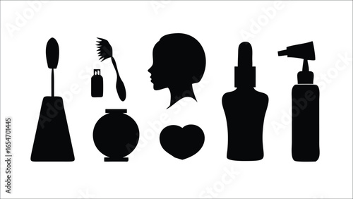 Hairdresser tools, makeup, and nail polish set vector illustration icons