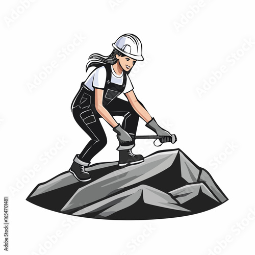 Laborer Wearing Hard Hat Working on Rock Surface in Industrial Construction Site Vector Illustration
