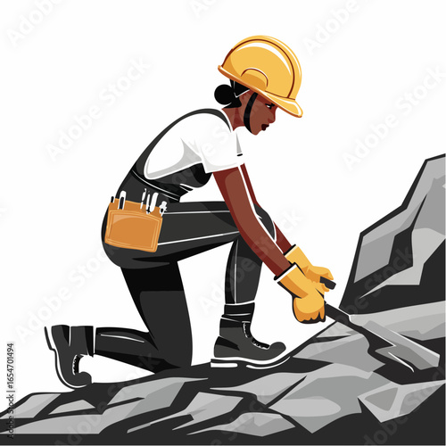 Laborer Wearing Hard Hat Working on Rock Surface in Industrial Construction Site Vector Illustration