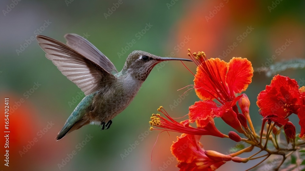 Naklejka premium Hummingbird feeding on orange flowers