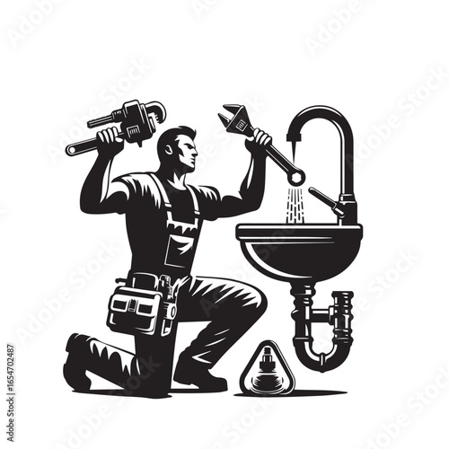 Plumber Fixing Sink Drain Silhouette – Vector Illustration

Expert Worker Repairing Bathroom Pipe – Black and White Silhouette

Plumbing Service Concept – Plumber Silhouette Vector Set
